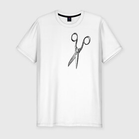 Мужская футболка премиум с принтом Ножницы в Екатеринбурге, 92% хлопок, 8% лайкра | приталенный силуэт, круглый вырез ворота, длина до линии бедра, короткий рукав | волосы | ножницы | прически. коллаж | стричь