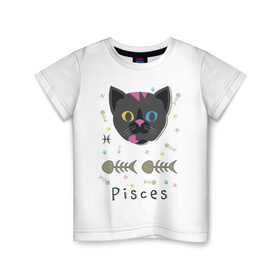 Детская футболка хлопок с принтом Pisces в Екатеринбурге, 100% хлопок | круглый вырез горловины, полуприлегающий силуэт, длина до линии бедер | horoscope | pisces | гороскоп | знак | зодиак | зодиака | кот | рыба | рыбы | скелет