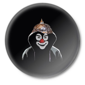 Значок с принтом Клоун в шапочке в Екатеринбурге,  металл | круглая форма, металлическая застежка в виде булавки | 5g вышки | клоун | связь | фобия | фольга