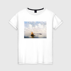 Женская футболка хлопок с принтом картина Айвазовского в Екатеринбурге, 100% хлопок | прямой крой, круглый вырез горловины, длина до линии бедер, слегка спущенное плечо | айвазовский | корабль | море | облака | рисунок