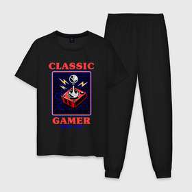 Мужская пижама хлопок с принтом Classic Gamer в Екатеринбурге, 100% хлопок | брюки и футболка прямого кроя, без карманов, на брюках мягкая резинка на поясе и по низу штанин
 | 8 bit | 8 бит | 8bit | 8бит | boomer | dendy | game | gamer | games | geek | joystick | nerd | oldschool | sega | бумер | гик | дед | денди | джойстик | для гика | для гиков | игра | игры | классика | классические | нерд | олдскул | с