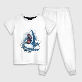Детская пижама хлопок с принтом Злая акула в Екатеринбурге, 100% хлопок |  брюки и футболка прямого кроя, без карманов, на брюках мягкая резинка на поясе и по низу штанин
 | Тематика изображения на принте: angry | big | evil | jaws | predator | scary | shark | storm | wave | waves | white | акула | акулы | белая | большая | волна | волны | выпрыгивает | злая | зубы | из воды | море | океан | охотник | пасть | плотоядная | рот | страшная | хищни