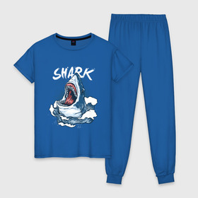 Женская пижама хлопок с принтом Злая акула в Екатеринбурге, 100% хлопок | брюки и футболка прямого кроя, без карманов, на брюках мягкая резинка на поясе и по низу штанин | Тематика изображения на принте: angry | big | evil | jaws | predator | scary | shark | storm | wave | waves | white | акула | акулы | белая | большая | волна | волны | выпрыгивает | злая | зубы | из воды | море | океан | охотник | пасть | плотоядная | рот | страшная | хищни