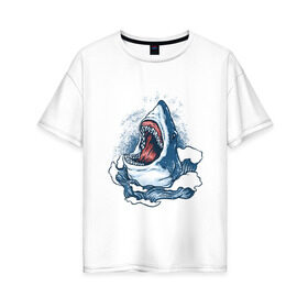 Женская футболка хлопок Oversize с принтом Злая акула в Екатеринбурге, 100% хлопок | свободный крой, круглый ворот, спущенный рукав, длина до линии бедер
 | angry | big | evil | jaws | predator | scary | shark | storm | wave | waves | white | акула | акулы | белая | большая | волна | волны | выпрыгивает | злая | зубы | из воды | море | океан | охотник | пасть | плотоядная | рот | страшная | хищни