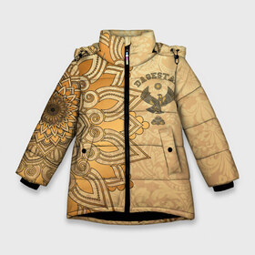 Зимняя куртка для девочек 3D с принтом Дагестан в золоте в Екатеринбурге, ткань верха — 100% полиэстер; подклад — 100% полиэстер, утеплитель — 100% полиэстер. | длина ниже бедра, удлиненная спинка, воротник стойка и отстегивающийся капюшон. Есть боковые карманы с листочкой на кнопках, утяжки по низу изделия и внутренний карман на молнии. 

Предусмотрены светоотражающий принт на спинке, радужный светоотражающий элемент на пуллере молнии и на резинке для утяжки. | dagestan | eagle | flag | kavkaz | power | абдулманап | боец | бойцы | борец | борьба | брат | герб | даг | дагестан | за брата | кавказ | кавказец | лучше умереть на ногах | нурмагомедов | опасный | орел | пацанская