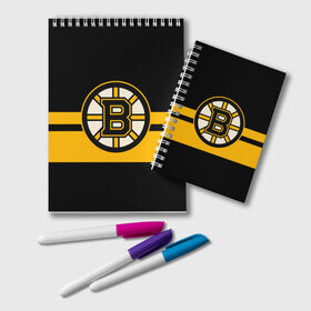 Блокнот с принтом BOSTON BRUINS NHL в Екатеринбурге, 100% бумага | 48 листов, плотность листов — 60 г/м2, плотность картонной обложки — 250 г/м2. Листы скреплены удобной пружинной спиралью. Цвет линий — светло-серый
 | black | boston | bruins | hockey | ice | logo | nhl | sport | usa | бостон | брюинз | логотип | нхл | спорт | хоккей