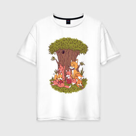 Женская футболка хлопок Oversize с принтом Семья лисичек в Екатеринбурге, 100% хлопок | свободный крой, круглый ворот, спущенный рукав, длина до линии бедер
 | bird | cute | family | forest | fox | foxes | happy | tree | trees | в лесу | дерево | деревья | забавная | забавные | красивая | лес | лесная | лиса | лисичка | лисички | лисы | милая | милое | милые | птица | птичка | рисунок