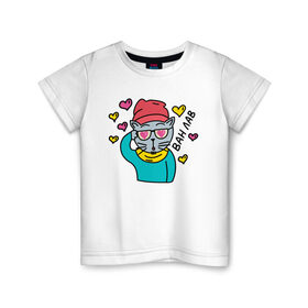 Детская футболка хлопок с принтом Влюбленный кот-хипстер в Екатеринбурге, 100% хлопок | круглый вырез горловины, полуприлегающий силуэт, длина до линии бедер | 