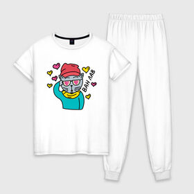 Женская пижама хлопок с принтом Влюбленный кот-хипстер в Екатеринбурге, 100% хлопок | брюки и футболка прямого кроя, без карманов, на брюках мягкая резинка на поясе и по низу штанин | 