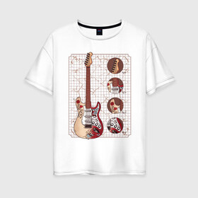 Женская футболка хлопок Oversize с принтом Fender Stratocaster Monterey в Екатеринбурге, 100% хлопок | свободный крой, круглый ворот, спущенный рукав, длина до линии бедер
 | Тематика изображения на принте: guitar | hendrix | jimmy | metal | metall | monterey | rock | usa | америка | гитара | гитарист | джимми | красивая | легенда | метал | монтерей | музыка | музыкант | обладатель | рок н ролл | стратокастер | схема | сша | фендер