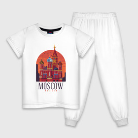 Детская пижама хлопок с принтом Moscow Москва в Екатеринбурге, 100% хлопок |  брюки и футболка прямого кроя, без карманов, на брюках мягкая резинка на поясе и по низу штанин
 | Тематика изображения на принте: basil | church | city | kremlin | moscow | russia | saint | st basil church | symbol | василия блаженного | город | города | достопримечательности | достопримечательность | красная площадь | кремль | москва | отдых | россия | символ
