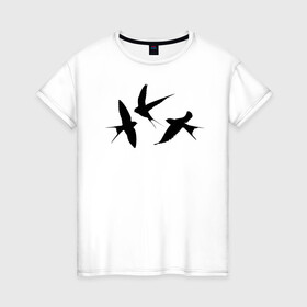 Женская футболка хлопок с принтом Ласточки в Екатеринбурге, 100% хлопок | прямой крой, круглый вырез горловины, длина до линии бедер, слегка спущенное плечо | ласточка | ласточки | плица | птицы | птичка | силуэт ласточек