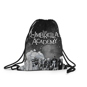 Рюкзак-мешок 3D с принтом The Umbrella Academy в Екатеринбурге, 100% полиэстер | плотность ткани — 200 г/м2, размер — 35 х 45 см; лямки — толстые шнурки, застежка на шнуровке, без карманов и подкладки | the umbrella academy | umbrella | академия амбрелла | амбрелла | герб | зонтик
