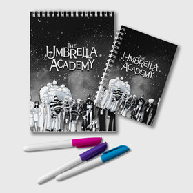 Блокнот с принтом The Umbrella Academy в Екатеринбурге, 100% бумага | 48 листов, плотность листов — 60 г/м2, плотность картонной обложки — 250 г/м2. Листы скреплены удобной пружинной спиралью. Цвет линий — светло-серый
 | the umbrella academy | umbrella | академия амбрелла | амбрелла | герб | зонтик