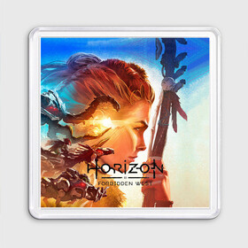 Магнит 55*55 с принтом Horizon Forbidden West в Екатеринбурге, Пластик | Размер: 65*65 мм; Размер печати: 55*55 мм | aloy | guerrilla games | horizon forbidden west | hunt | zero dawn | горизонт | запретный запад | игры | нулевой рассвет | охота | элой