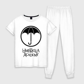 Женская пижама хлопок с принтом Академия Амбрелла в Екатеринбурге, 100% хлопок | брюки и футболка прямого кроя, без карманов, на брюках мягкая резинка на поясе и по низу штанин | the umbrella academy | umbrella | академия амбрелла | амбрелла | герб | зонтик