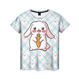 Женская футболка 3D с принтом Милый зайка в Екатеринбурге, 100% полиэфир ( синтетическое хлопкоподобное полотно) | прямой крой, круглый вырез горловины, длина до линии бедер | веган | вегетарианец | животное | зайцы | зайчик | зайчонок | заяц | кролик | кроль | крольчонок | овощи | пушистик