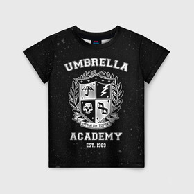 Детская футболка 3D с принтом Академия Амбрелла в Екатеринбурге, 100% гипоаллергенный полиэфир | прямой крой, круглый вырез горловины, длина до линии бедер, чуть спущенное плечо, ткань немного тянется | Тематика изображения на принте: the umbrella academy | umbrella | академия амбрелла | амбрелла | герб | зонтик