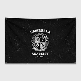 Флаг-баннер с принтом Академия Амбрелла в Екатеринбурге, 100% полиэстер | размер 67 х 109 см, плотность ткани — 95 г/м2; по краям флага есть четыре люверса для крепления | the umbrella academy | umbrella | академия амбрелла | амбрелла | герб | зонтик