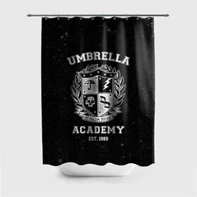 Штора 3D для ванной с принтом Академия Амбрелла в Екатеринбурге, 100% полиэстер | плотность материала — 100 г/м2. Стандартный размер — 146 см х 180 см. По верхнему краю — пластиковые люверсы для креплений. В комплекте 10 пластиковых колец | the umbrella academy | umbrella | академия амбрелла | амбрелла | герб | зонтик