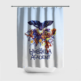 Штора 3D для ванной с принтом Академия Амбрелла в Екатеринбурге, 100% полиэстер | плотность материала — 100 г/м2. Стандартный размер — 146 см х 180 см. По верхнему краю — пластиковые люверсы для креплений. В комплекте 10 пластиковых колец | the umbrella academy | umbrella | академия амбрелла | амбрелла | зонтик | комиксы