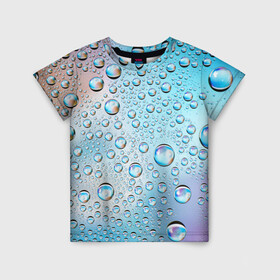 Детская футболка 3D с принтом Капли голубой роса стекло вода в Екатеринбурге, 100% гипоаллергенный полиэфир | прямой крой, круглый вырез горловины, длина до линии бедер, чуть спущенное плечо, ткань немного тянется | Тематика изображения на принте: вода | градиент | для всех | дождь | капли | летний | на каждый день | обычный | окно | поверхность | повседневный | размытость | роса | стекло