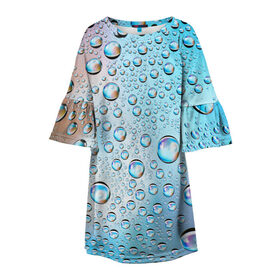 Детское платье 3D с принтом Капли голубой роса стекло вода в Екатеринбурге, 100% полиэстер | прямой силуэт, чуть расширенный к низу. Круглая горловина, на рукавах — воланы | Тематика изображения на принте: вода | градиент | для всех | дождь | капли | летний | на каждый день | обычный | окно | поверхность | повседневный | размытость | роса | стекло