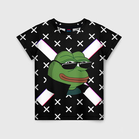 Детская футболка 3D с принтом Pepe в очках EZ в Екатеринбурге, 100% гипоаллергенный полиэфир | прямой крой, круглый вырез горловины, длина до линии бедер, чуть спущенное плечо, ткань немного тянется | ez | glitch | pepe | pepe frog | pepe в очках | silvername | twitch emout | жабка в очках | крестики