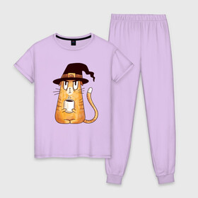 Женская пижама хлопок с принтом Сердитый котик с кофе в Екатеринбурге, 100% хлопок | брюки и футболка прямого кроя, без карманов, на брюках мягкая резинка на поясе и по низу штанин | cat | coffee | grumpy | hot | kitten | kitty | pussycat | witch | ароматный | в колпаке | в шляпе | ведьма | горячий | злой | кот | котик | котэ | кофе | кофеек | кошка | кружка | милый | не выспался | недовольный | прикол | сердитый