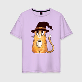Женская футболка хлопок Oversize с принтом Сердитый котик с кофе в Екатеринбурге, 100% хлопок | свободный крой, круглый ворот, спущенный рукав, длина до линии бедер
 | cat | coffee | grumpy | hot | kitten | kitty | pussycat | witch | ароматный | в колпаке | в шляпе | ведьма | горячий | злой | кот | котик | котэ | кофе | кофеек | кошка | кружка | милый | не выспался | недовольный | прикол | сердитый