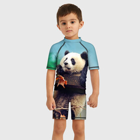 Детский купальный костюм 3D с принтом Панда в Екатеринбурге, Полиэстер 85%, Спандекс 15% | застежка на молнии на спине | bear | panda | медведь | мишка | панда | панды