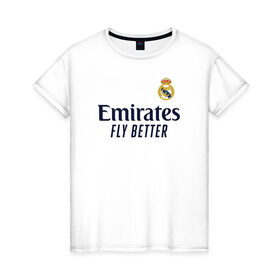 Женская футболка хлопок с принтом Real Madrid 2020/2021 в Екатеринбурге, 100% хлопок | прямой крой, круглый вырез горловины, длина до линии бедер, слегка спущенное плечо | 2021 | benzema | hazard | madrid | ramos | real | джерси | мадрид | реал | форма