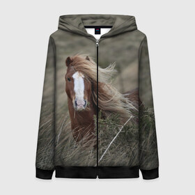 Женская толстовка 3D на молнии с принтом Конь в Екатеринбурге, 100% полиэстер | длина до линии бедра, манжеты и пояс оформлены мягкой тканевой резинкой, двухслойный капюшон со шнурком для регулировки, спереди молния, по бокам два кармана | животные | звери | кони | конь | коняшка | лошади | лошадка | лошадь | пони | природа