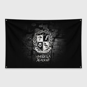 Флаг-баннер с принтом Академия Амбрелла в Екатеринбурге, 100% полиэстер | размер 67 х 109 см, плотность ткани — 95 г/м2; по краям флага есть четыре люверса для крепления | Тематика изображения на принте: the umbrella academy | umbrella | академия амбрелла | амбрелла | герб | зонтик | комиксы