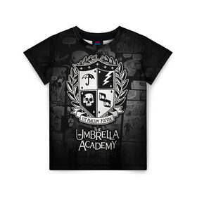 Детская футболка 3D с принтом Академия Амбрелла в Екатеринбурге, 100% гипоаллергенный полиэфир | прямой крой, круглый вырез горловины, длина до линии бедер, чуть спущенное плечо, ткань немного тянется | the umbrella academy | umbrella | академия амбрелла | амбрелла | герб | зонтик | комиксы