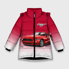 Зимняя куртка для девочек 3D с принтом Mustang в Екатеринбурге, ткань верха — 100% полиэстер; подклад — 100% полиэстер, утеплитель — 100% полиэстер. | длина ниже бедра, удлиненная спинка, воротник стойка и отстегивающийся капюшон. Есть боковые карманы с листочкой на кнопках, утяжки по низу изделия и внутренний карман на молнии. 

Предусмотрены светоотражающий принт на спинке, радужный светоотражающий элемент на пуллере молнии и на резинке для утяжки. | Тематика изображения на принте: car | hoofs | horse | mane | motorsport | mustang | power | prestige | tail | usa | автомобиль | автоспорт | грива | конь | копыта | лошадь | мощь | мустанг | престиж | сша | хвост