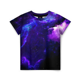 Детская футболка 3D с принтом Космическое небо в Екатеринбурге, 100% гипоаллергенный полиэфир | прямой крой, круглый вырез горловины, длина до линии бедер, чуть спущенное плечо, ткань немного тянется | Тематика изображения на принте: арт | звёзды | иний | космос | облако | розовый | сияние | тёмный | туманность | фиолоетовый | черный | яркие цвета