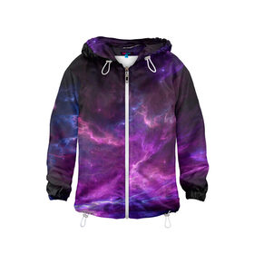 Детская ветровка 3D с принтом Космическое небо в Екатеринбурге, 100% полиэстер | подол и капюшон оформлены резинкой с фиксаторами, по бокам два кармана без застежек, один потайной карман на груди | арт | звёзды | космос | облако | розовый | синий | сияние | туманность | фиолетовый | яркие цвета