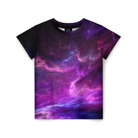 Детская футболка 3D с принтом Космическое небо в Екатеринбурге, 100% гипоаллергенный полиэфир | прямой крой, круглый вырез горловины, длина до линии бедер, чуть спущенное плечо, ткань немного тянется | арт | звёзды | космос | облако | розовый | синий | сияние | туманность | фиолетовый | яркие цвета