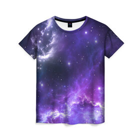 Женская футболка 3D с принтом Космическое небо в Екатеринбурге, 100% полиэфир ( синтетическое хлопкоподобное полотно) | прямой крой, круглый вырез горловины, длина до линии бедер | арт | белый | бирюзовый | звёзды | космос | облако | розовый | синий | сияние | тёмный | туманность | фиолетовый | яркие цвета