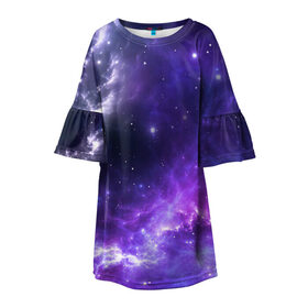 Детское платье 3D с принтом Космическое небо в Екатеринбурге, 100% полиэстер | прямой силуэт, чуть расширенный к низу. Круглая горловина, на рукавах — воланы | арт | белый | бирюзовый | звёзды | космос | облако | розовый | синий | сияние | тёмный | туманность | фиолетовый | яркие цвета