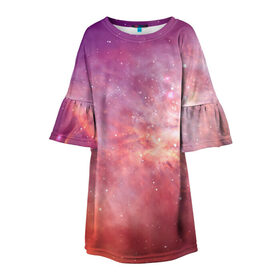 Детское платье 3D с принтом Космическое небо в Екатеринбурге, 100% полиэстер | прямой силуэт, чуть расширенный к низу. Круглая горловина, на рукавах — воланы | арт | желтый | звёзды | космос | облако | оранжевый | розовый | сияние | туманность | фиолетовый | яркие цвета