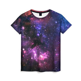 Женская футболка 3D с принтом Космическое небо в Екатеринбурге, 100% полиэфир ( синтетическое хлопкоподобное полотно) | прямой крой, круглый вырез горловины, длина до линии бедер | арт | звёзды | космос | красный | облако | розовый | синий | сияние | темный | туманность | фиолетовый | яркие цвета