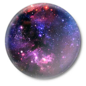 Значок с принтом Космическое небо в Екатеринбурге,  металл | круглая форма, металлическая застежка в виде булавки | арт | звёзды | космос | красный | облако | розовый | синий | сияние | темный | туманность | фиолетовый | яркие цвета