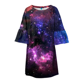 Детское платье 3D с принтом Космическое небо в Екатеринбурге, 100% полиэстер | прямой силуэт, чуть расширенный к низу. Круглая горловина, на рукавах — воланы | арт | звёзды | космос | красный | облако | розовый | синий | сияние | темный | туманность | фиолетовый | яркие цвета
