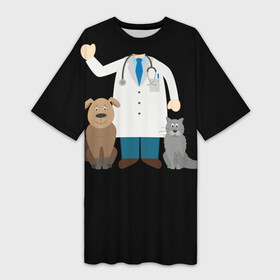 Платье-футболка 3D с принтом Я   ветеринар в Екатеринбурге,  |  | cat | dog | veterinarian | айболит | ветеринар | гав | доктор | животные | кошка | лечение | медицина | мяу | потерялся | собака | спасение | чиби | шарж | я люблю животных