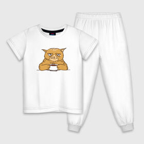 Детская пижама хлопок с принтом Grumpy Cat Coffee в Екатеринбурге, 100% хлопок |  брюки и футболка прямого кроя, без карманов, на брюках мягкая резинка на поясе и по низу штанин
 | Тематика изображения на принте: cat | coffee | grumpy | hot | kitten | kitty | pussycat | ароматный | горячий | грампи | злой | киса | кот | котик | котэ | кофе | кофеек | кошка | кружка | милый | не выспался | недовольный | прикол | сердитый | сонный | чашка