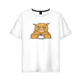 Женская футболка хлопок Oversize с принтом Grumpy Cat Coffee в Екатеринбурге, 100% хлопок | свободный крой, круглый ворот, спущенный рукав, длина до линии бедер
 | cat | coffee | grumpy | hot | kitten | kitty | pussycat | ароматный | горячий | грампи | злой | киса | кот | котик | котэ | кофе | кофеек | кошка | кружка | милый | не выспался | недовольный | прикол | сердитый | сонный | чашка