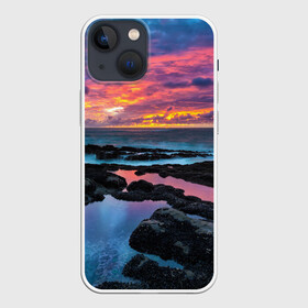 Чехол для iPhone 13 mini с принтом Закат в Екатеринбурге,  |  | вечер | вода | волна | волны | восход | горизонт | запад | капли | крабы | луна | море | небо | ночь | облака | океан | оранжевая | оранжевый | остров | пейзаж | пляж | радуга | ракушки | рассвет | синий
