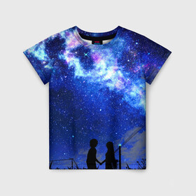 Детская футболка 3D с принтом Ночное  Небо в Екатеринбурге, 100% гипоаллергенный полиэфир | прямой крой, круглый вырез горловины, длина до линии бедер, чуть спущенное плечо, ткань немного тянется | blue | sky | башни | звездное небо | звезды | космическое | красота | небо | ночь | синий